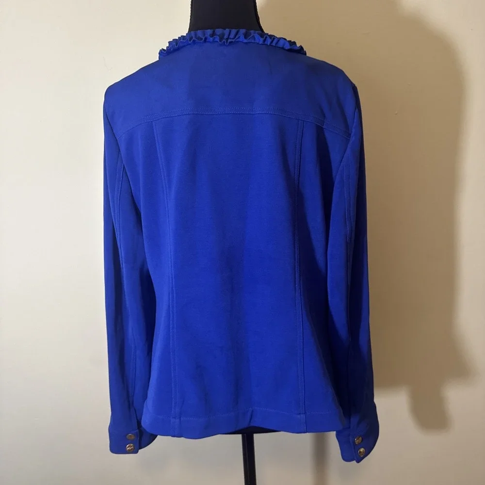 Midnight Velvet Brand Blue Ruffled Jacket Gold‎ Accents Pockets Women's Size 12